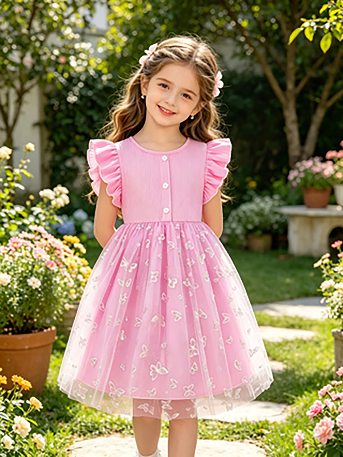 Pink Butterfly Embroidery Summer Princess Dress with Flutter Sleeves