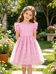 Pink Butterfly Embroidery Summer Princess Dress with Flutter Sleeves - 7 - 8Y (Pink)