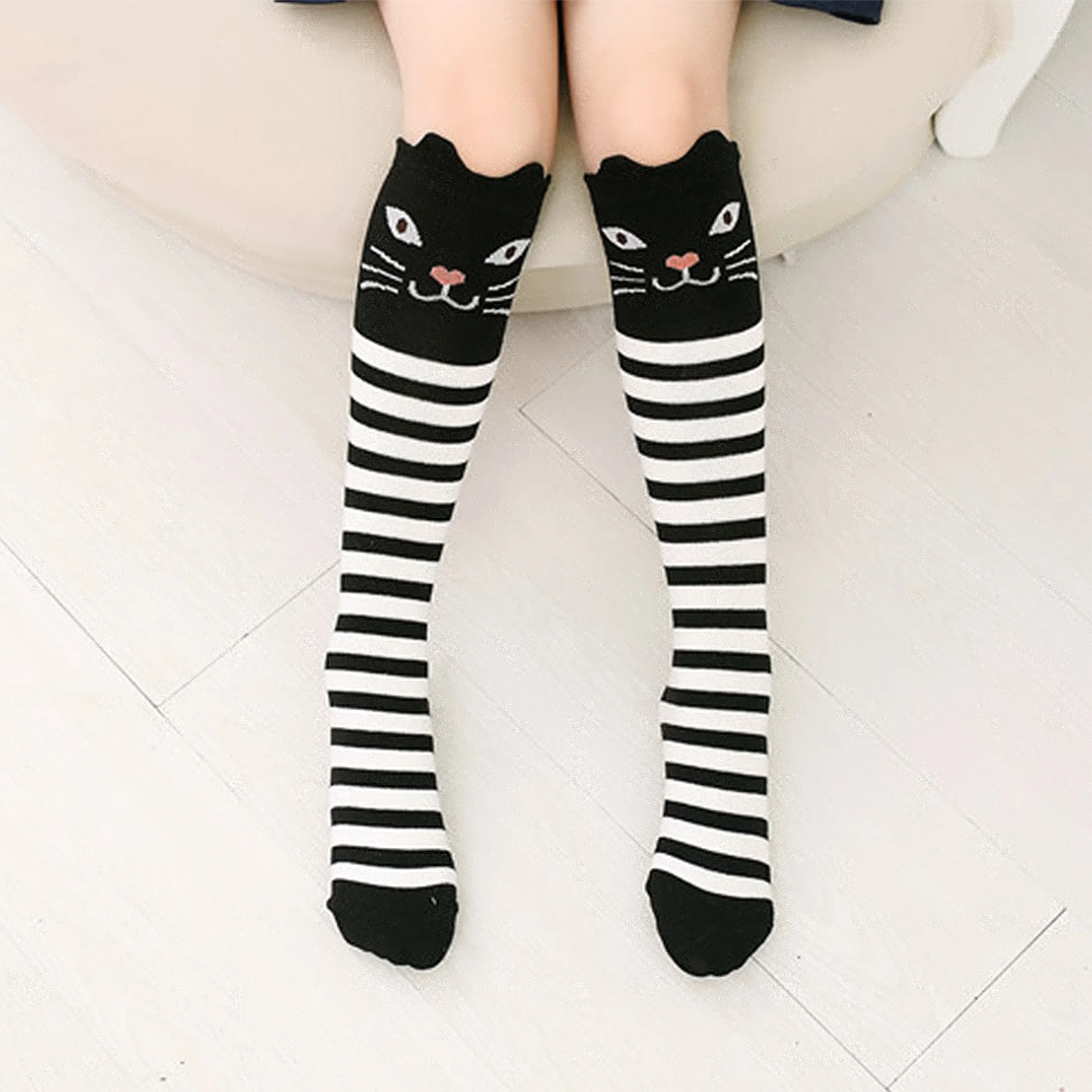 2 Pairs of Cat Striped Knee-High Socks for Girls
