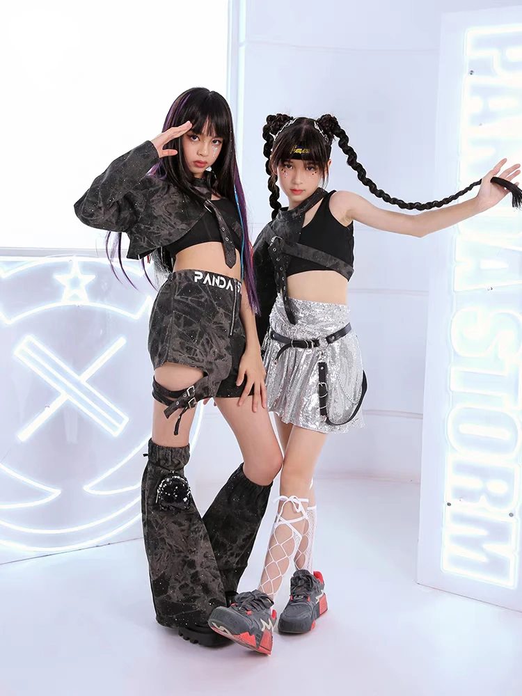Kids Jazz Hip-Hop Dance Performance Costumes One-Sleeve Tops Silver Skirt Girls Stage Outfit Rave Modern Street Dance Clothes