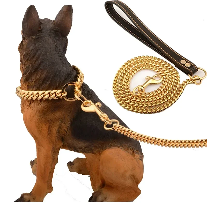 

Stainless Steel Pet Gold Chain Dog Leashes Leather Handle Portable Leash Rope Straps Puppy Dog Cat Training Slip Collar Supplies