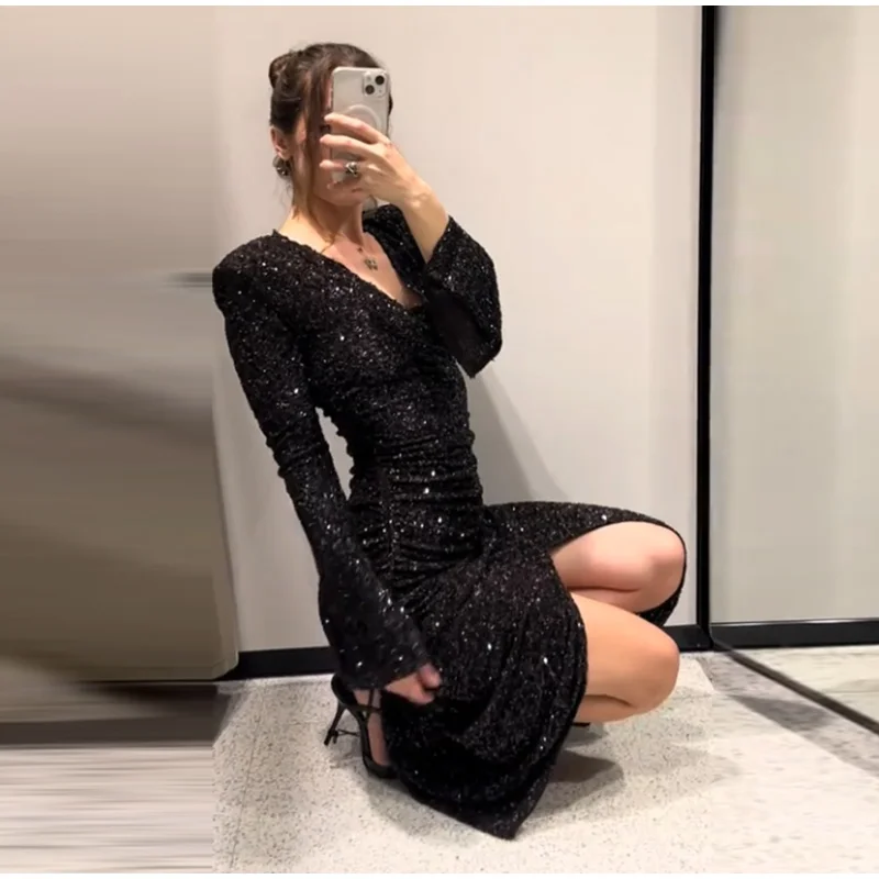 Frauen Party Kleid Sexy Tiefem V-ausschnitt Pailletten Split Volle Hülse Hüfte Paket Kleider Weibliche 2025, Herbst Frau Abend Vestidos – Detail 6