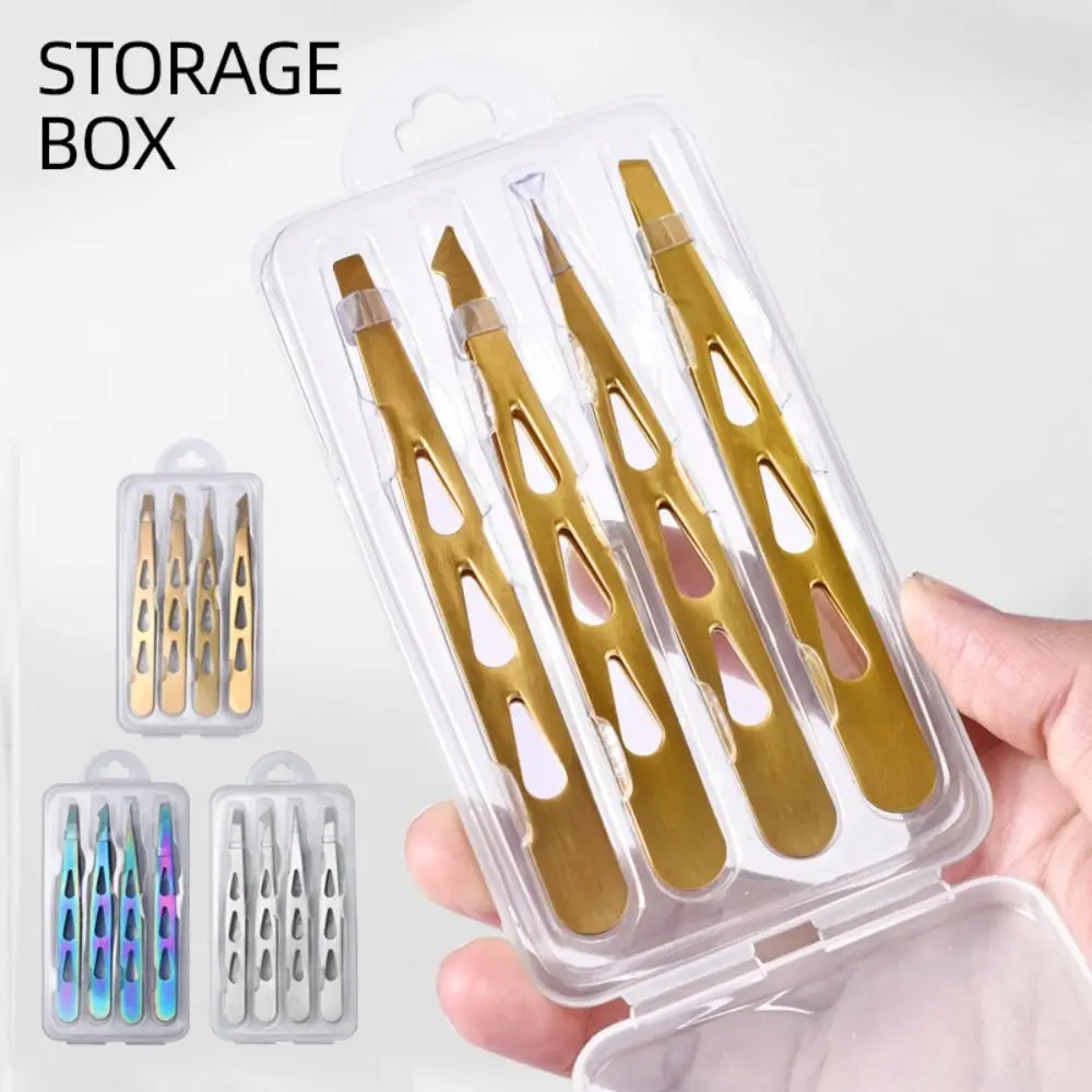 4PCS/Set Stainless Steel Eyebrow Tweezers Oblique Mouth Pointed Tip Eyelash Tweezers Multifunctional Portable