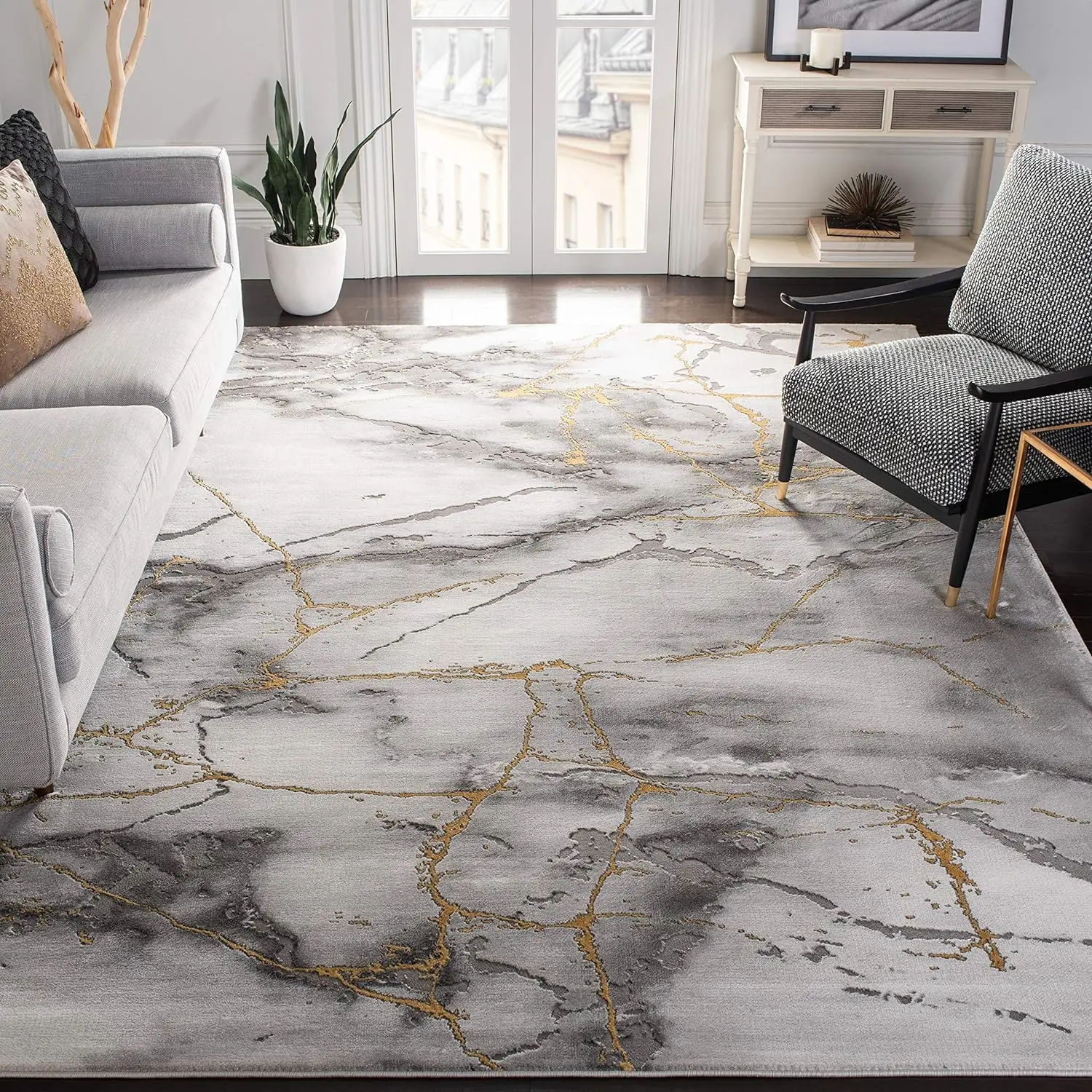 

SAFAVIEH Craft Collection Area Rug - 10'6" x 14', Grey & Gold,Modern Abstract Design,Ideal for High Traffic Areas in Living Room