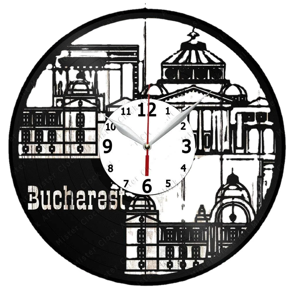 

Bucharest Vinyl Record Wall Clock Home Art Decor Unique Design Handmade Original Gift Vinyl Clock Black Exclusive Clock Fan Art