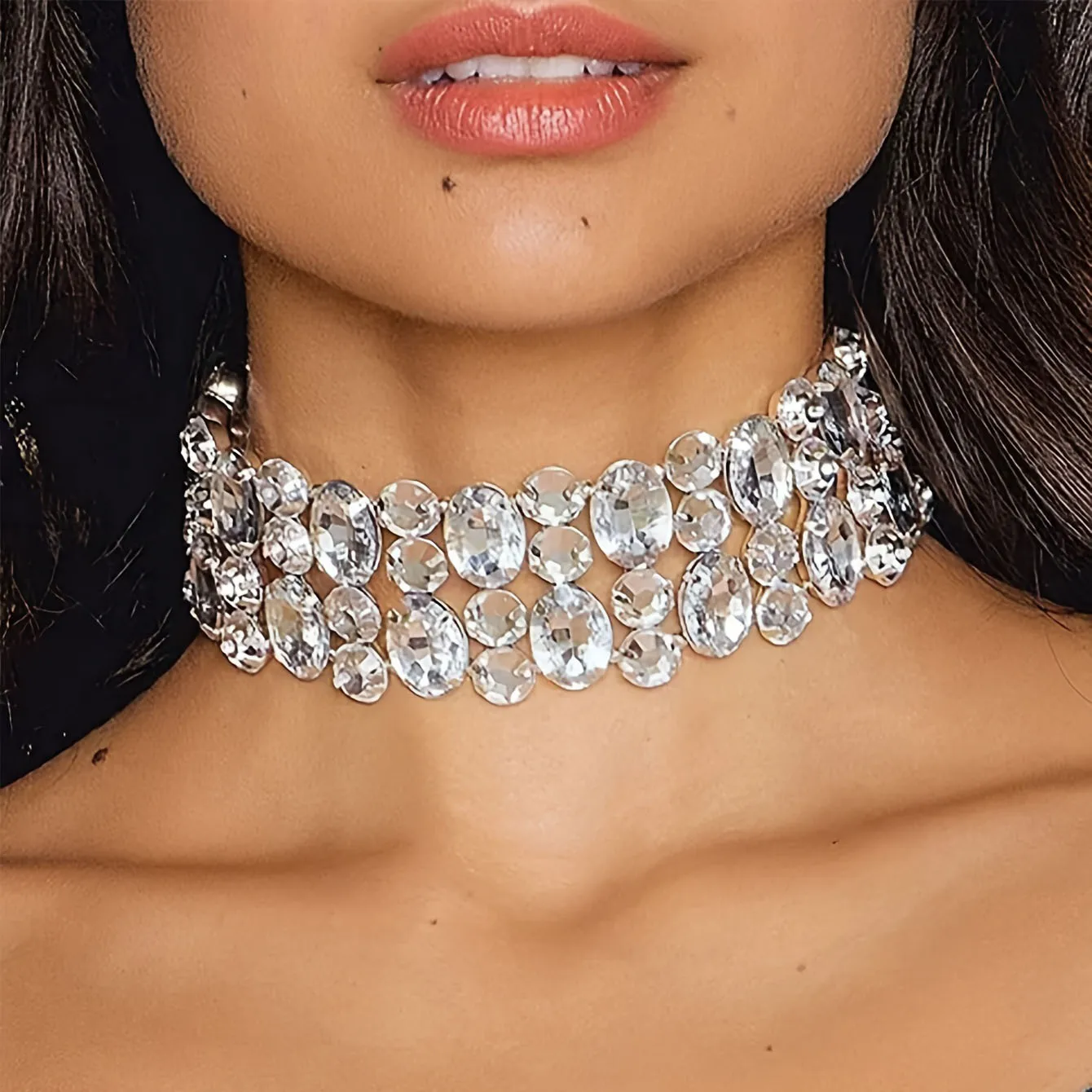 Simple Fashion Large Rhinestone Geometric Multi Row Necklace Irregular Crystal Collar Necklace Party Jewelry for Women