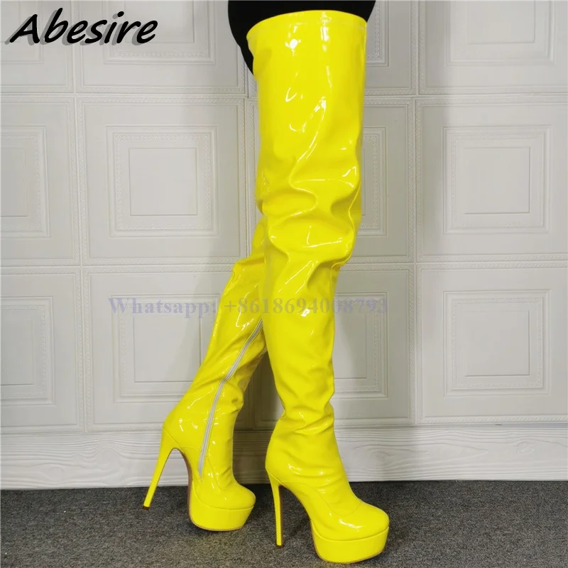 New Thigh High Platform Yellow Boots Round Toe Solid Side