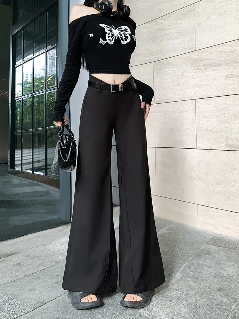 Black Suit Casual Pants Women's Autumn High Waisted Straight Wide Leg Suit Pants Loose Drape Floor Pants Women