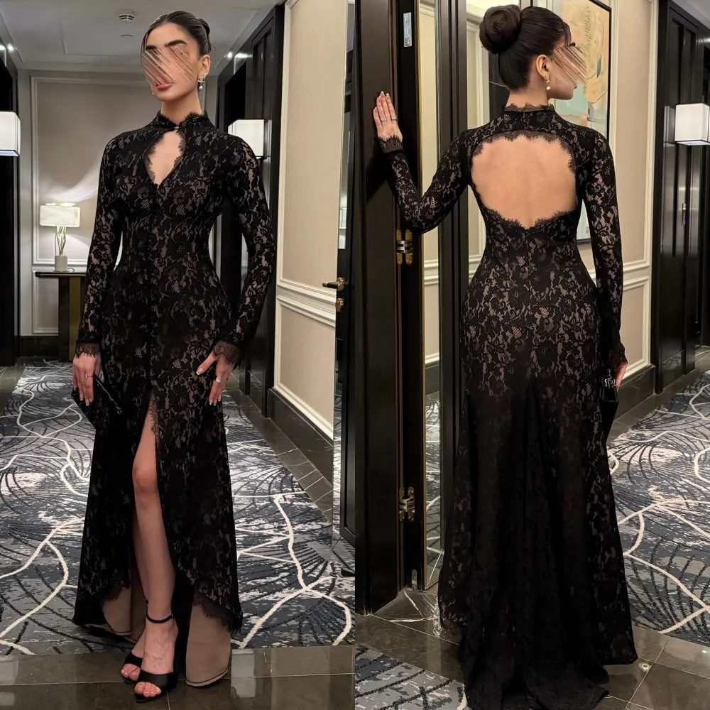 Customized Modern Style Classic Lace Ruched Pleat Column High Collar Long Dresses Bespoke Occasion Dresses Sizes Available Retro S8ad36ee90044422b9037fcc8f4d4ce27u