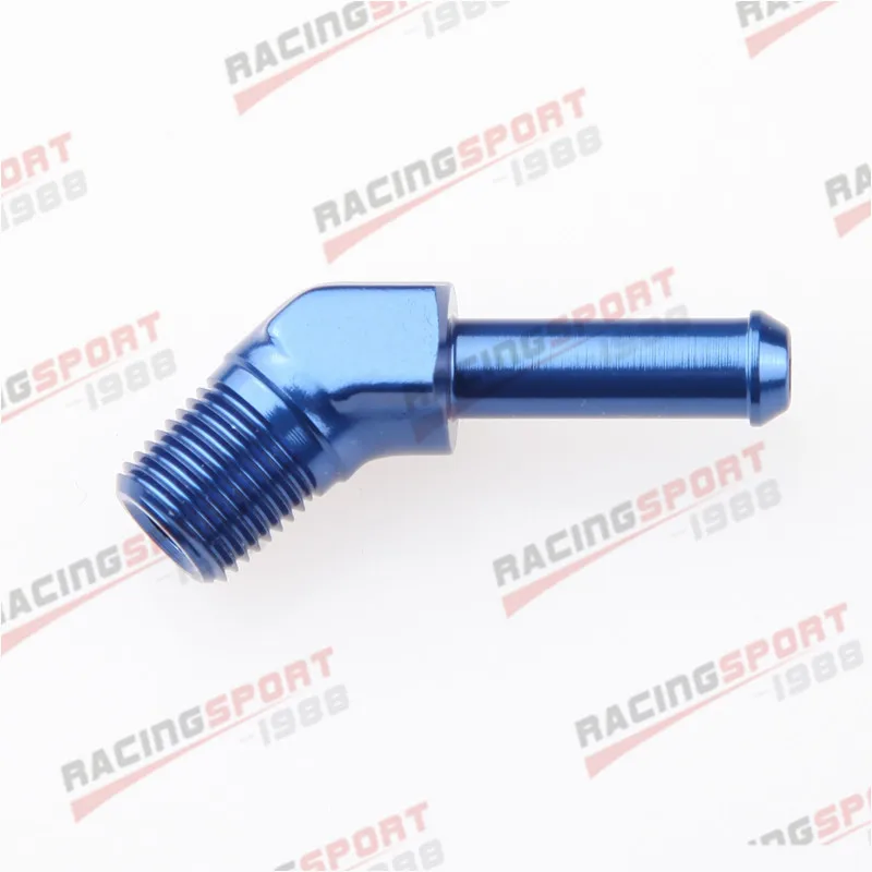 

45 Degree 1/4" NPT Male To 3/8" Hose Barb Aluminum Fuel Adapter Fitting Black/Blue/Silver