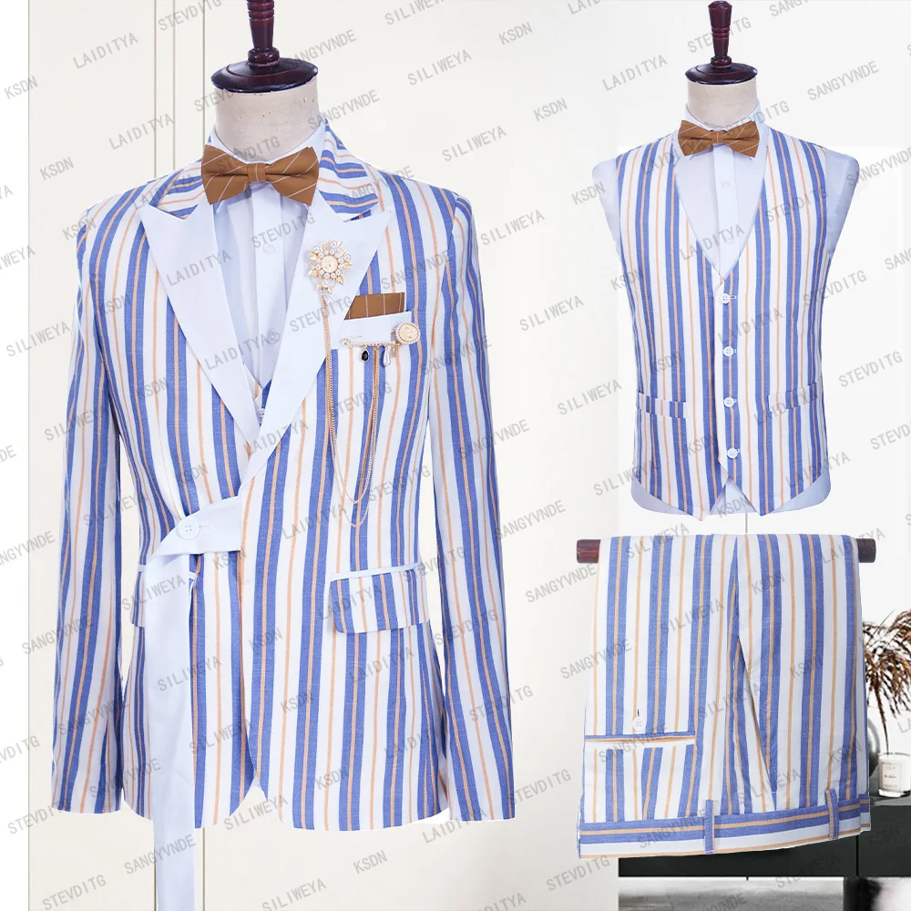 

Fashion Beach Men Suits 3 Piece Blue Vertical Stripes Notch Lapel Male Suit With Belt Party Prom Slim Blazer Full Men's Suit