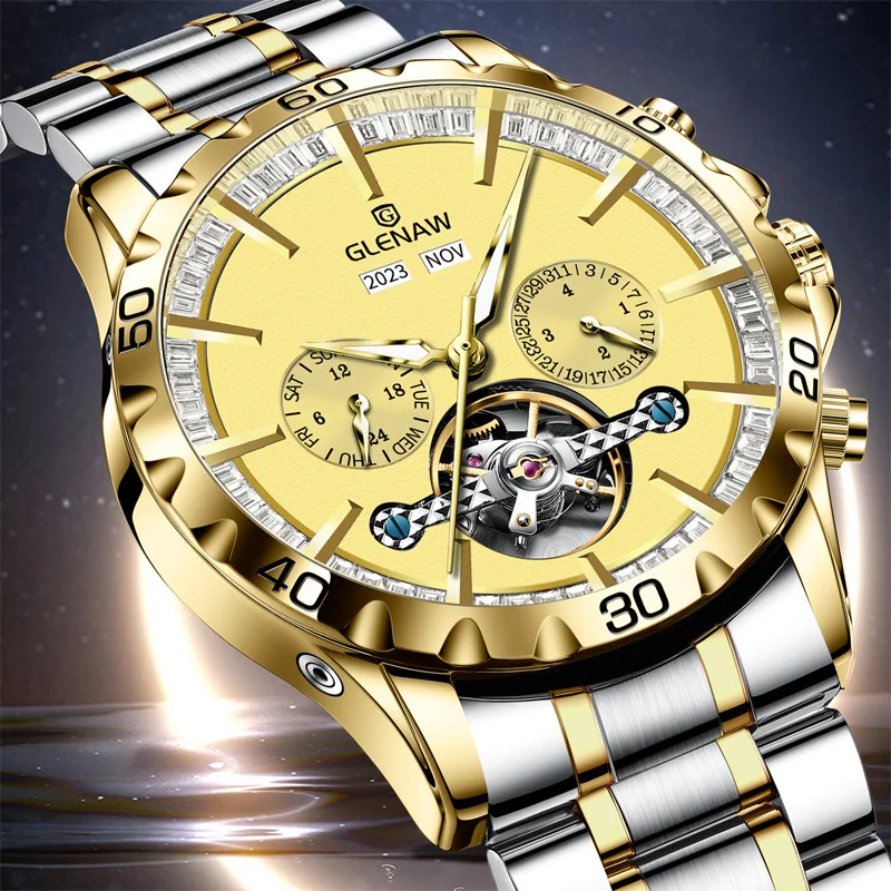 GLENAW Men Watch Business Multi functional Waterproof Calendar Classic Watch Luxury Automatic Mechanical Skeleton Men's Watch