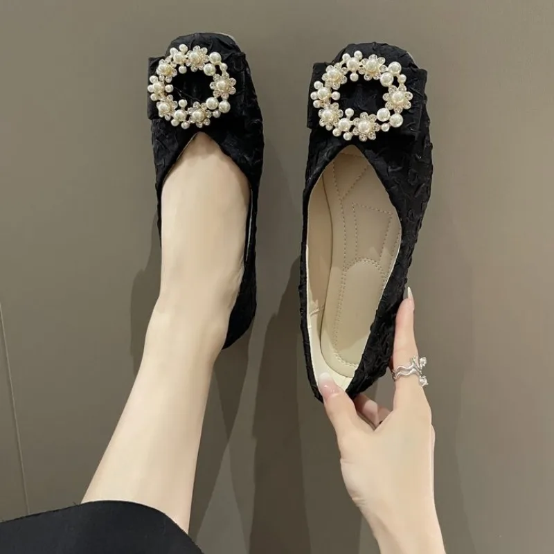 

Женские туфли на низком каблуке, повседневные туфли на плоской подошве, с квадратным носком, со шнуровкой и бусинами, 2023