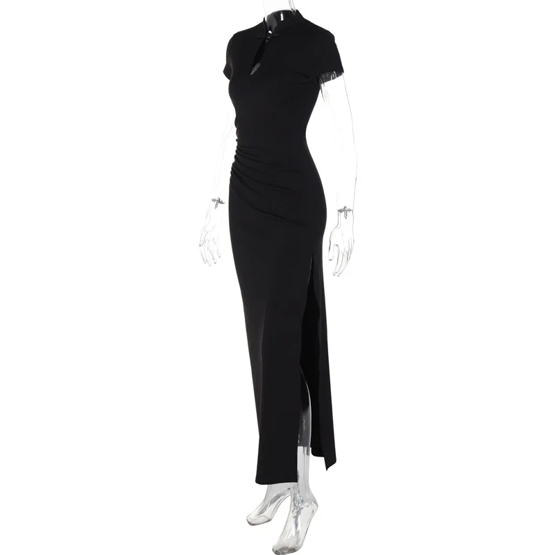 Solid Button Hollow Out Slit Bodycon Short Sleeve Women'S Dresses Long Streetwear Casual Outfit Summer Fashion