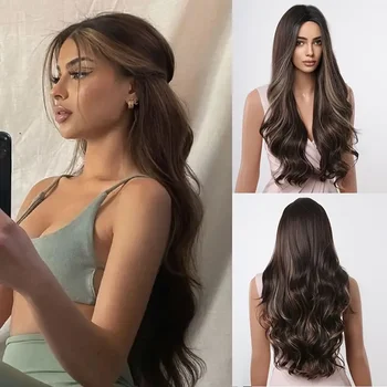Brown with Blonde Highlight Synthetic Hair Wigs Long Wavy Wig Middle Part for Women Daily Use Party Cosplay Wig Heat Resistant 1
