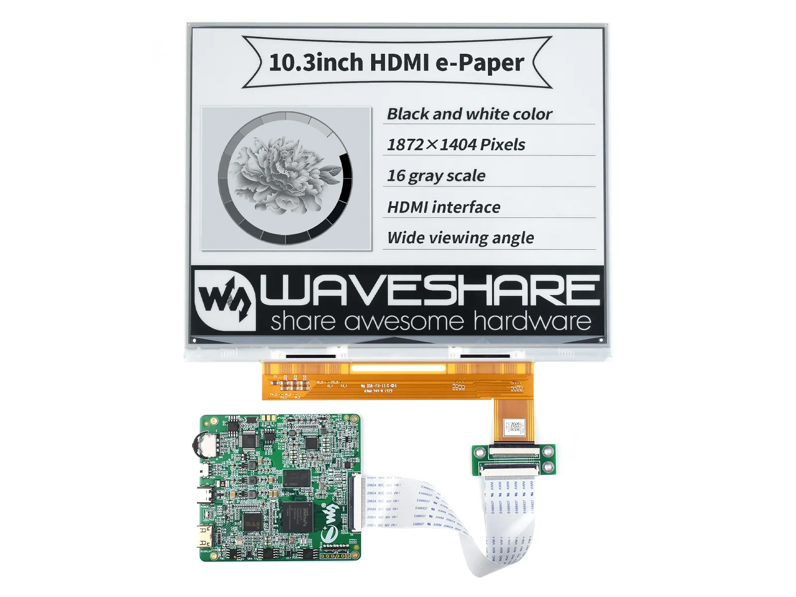 

Waveshare 10.3inch E-Paper E-Ink Display HDMI Interface 15Hz Refresh Rate 1872×1404 Supports Raspberry Pi/PC