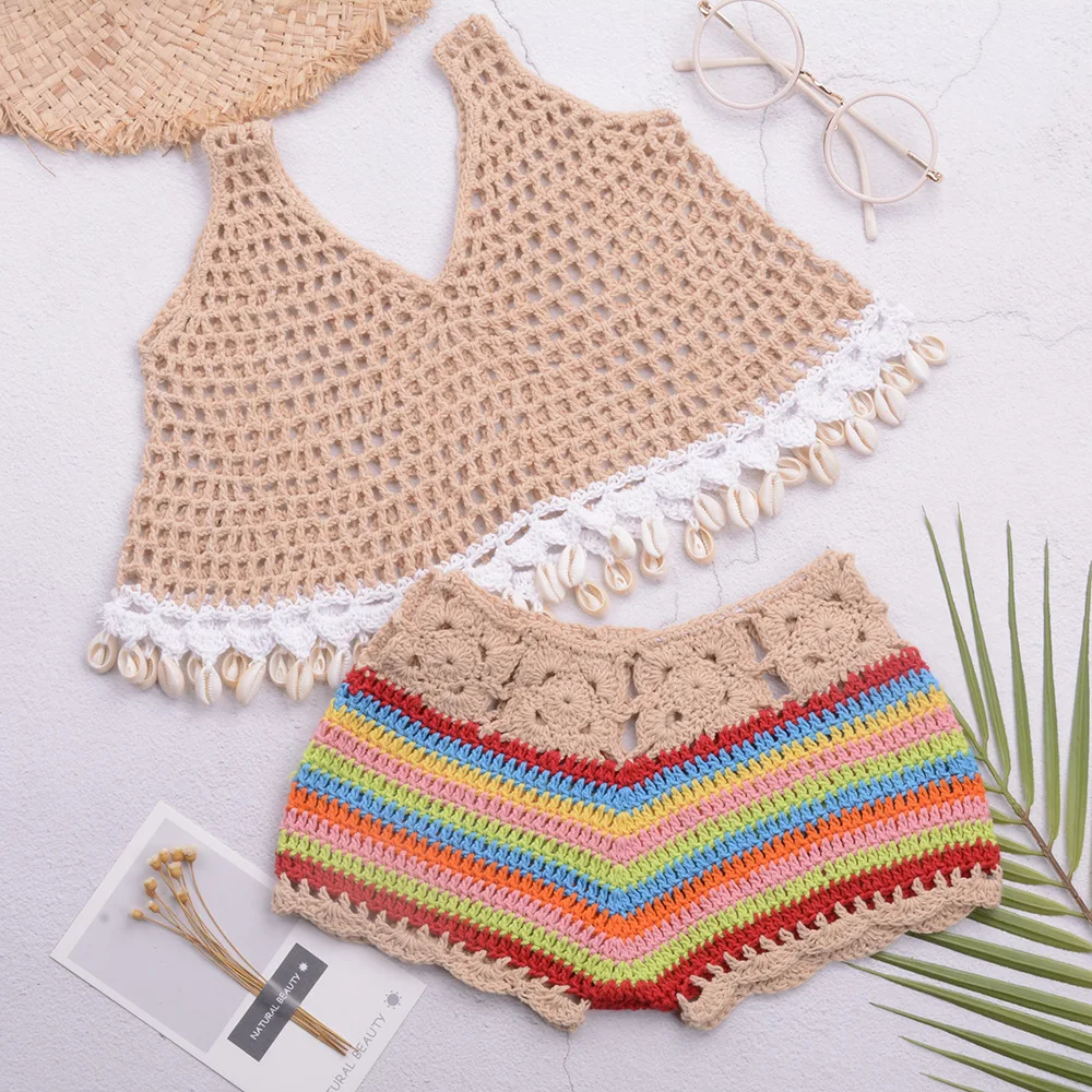 Hot Sale Fashion Hand-woven Beach Kids Small Tank Tank Swimsuit Set Colorful Shorts Split Swimsuit