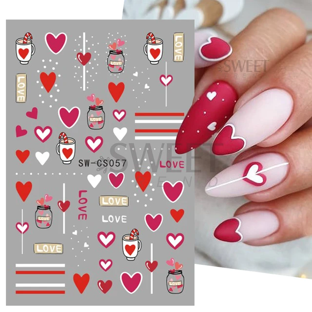  Valentine's Day Nail Art Stickers Decals 3D Self-Adhesive  Exquisite Fashion Cartoon Design Nail Decals Valentine's Day Love Heart Nail  Art Supplies Romantic Cute Valentine's Day Nail Decoration DIY Acrylic Nail  Art