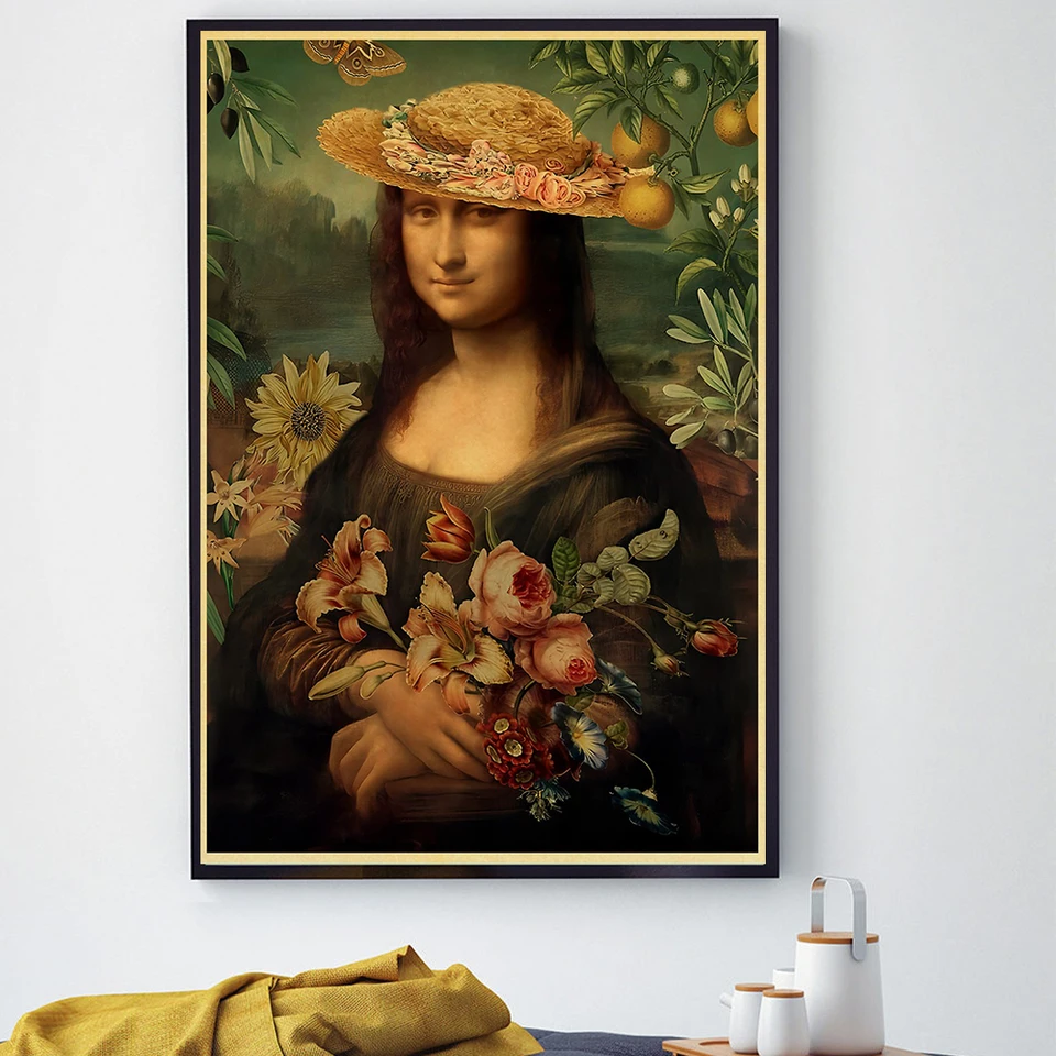 Divertente Monna Lisa Poster Stampe Monna Lisa con gatto Quadro classico su tela Arte murale Pittura astratta Stampa ad olio Opera d'arte per il soggiorno Decor domestica Senza cornice,30×40cm