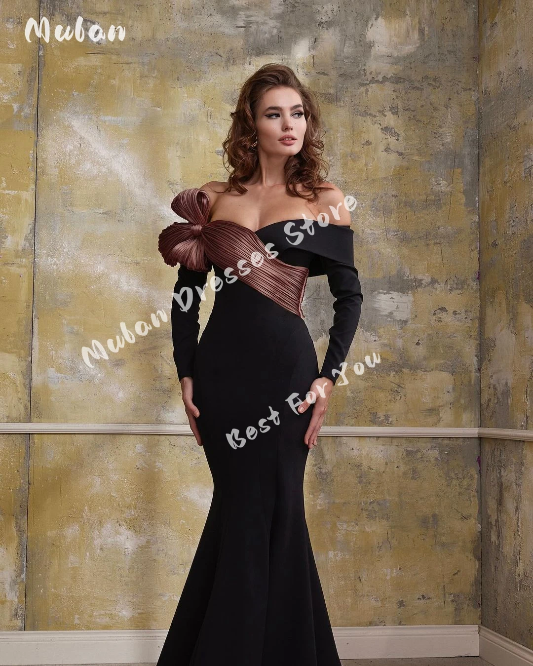 Off Shoulder Mermaid Long Sleeves Prom Dresses Pleated Bow Contrast Color Wedding Party Gown Elegant Women Evening Dress