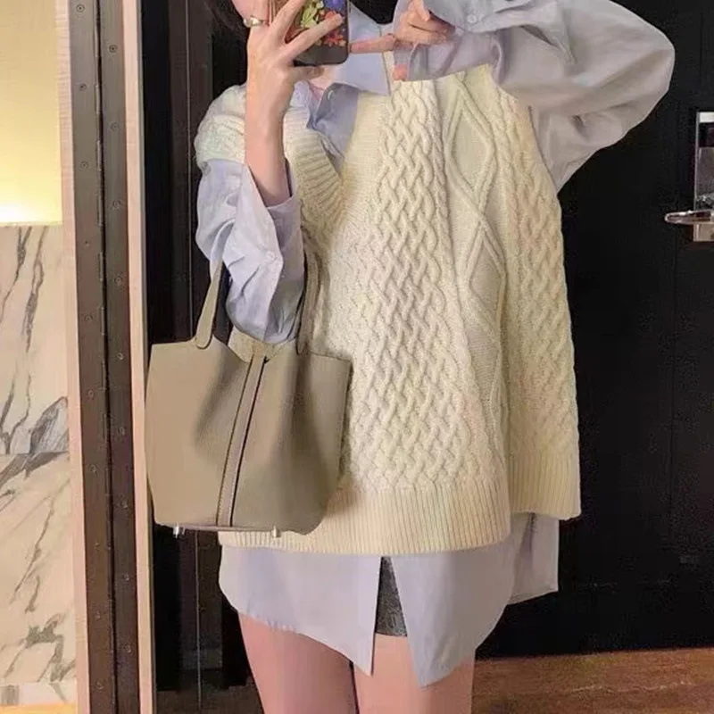 

Denim Planet V-Neck Overlapping Tted Vest For Female Spring Autumn Loose College Style Long Twists Sweater Casual Sweater