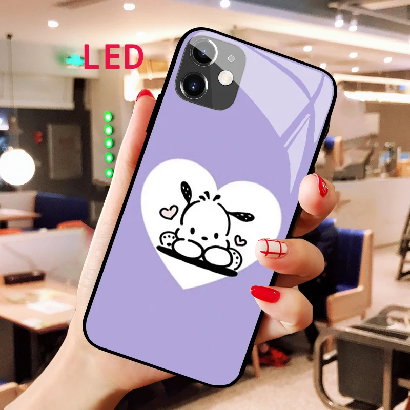 

Pochacco Luminous Tempered Glass phone case For Apple iphone 12 11 Pro Max XS mini Kawaii Fall Protection LED Backlight cover