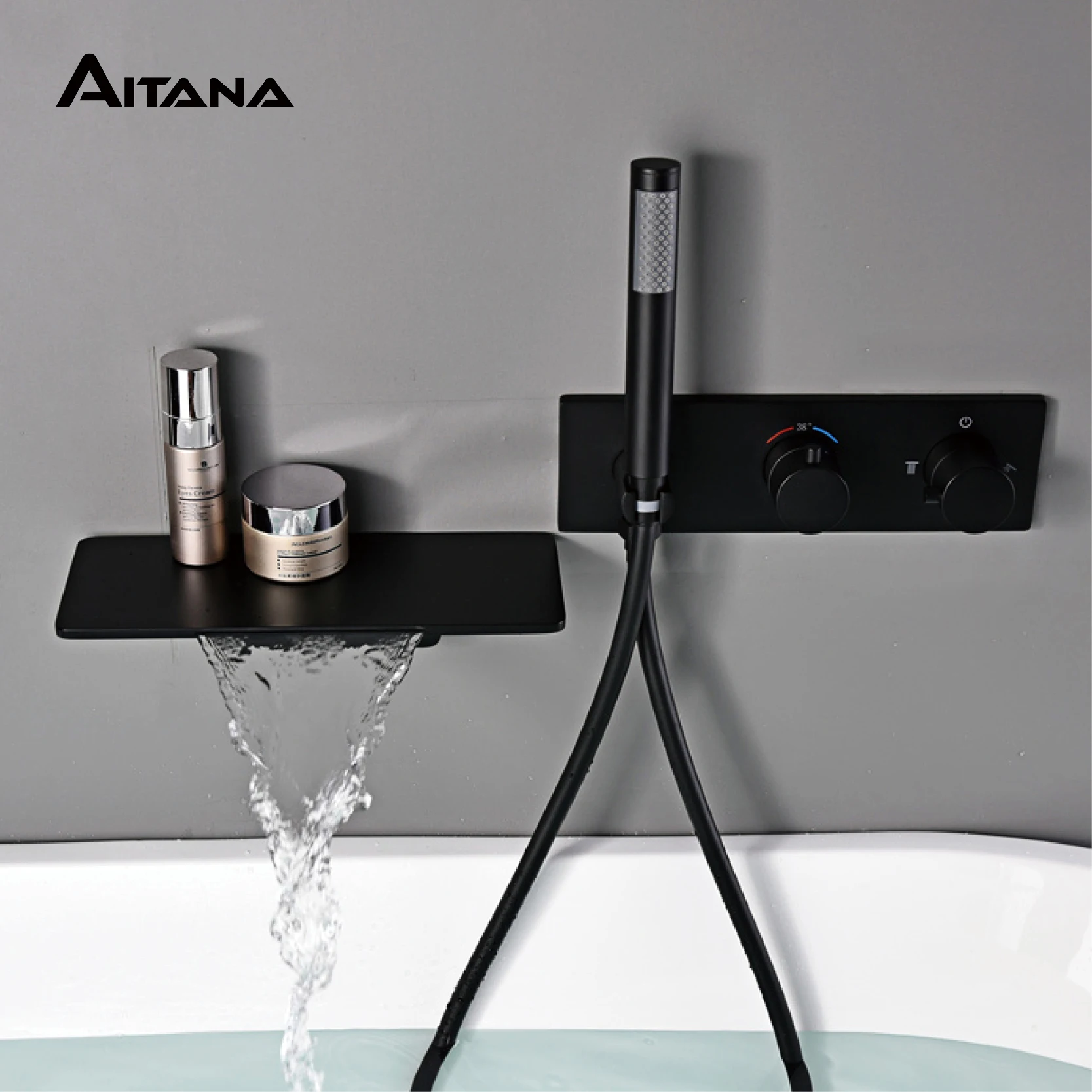 Light luxury brass thermostatic Gun gray bathroom faucet Wall-mounted design Double handle Cold & Hot dual-control bathtub Tap