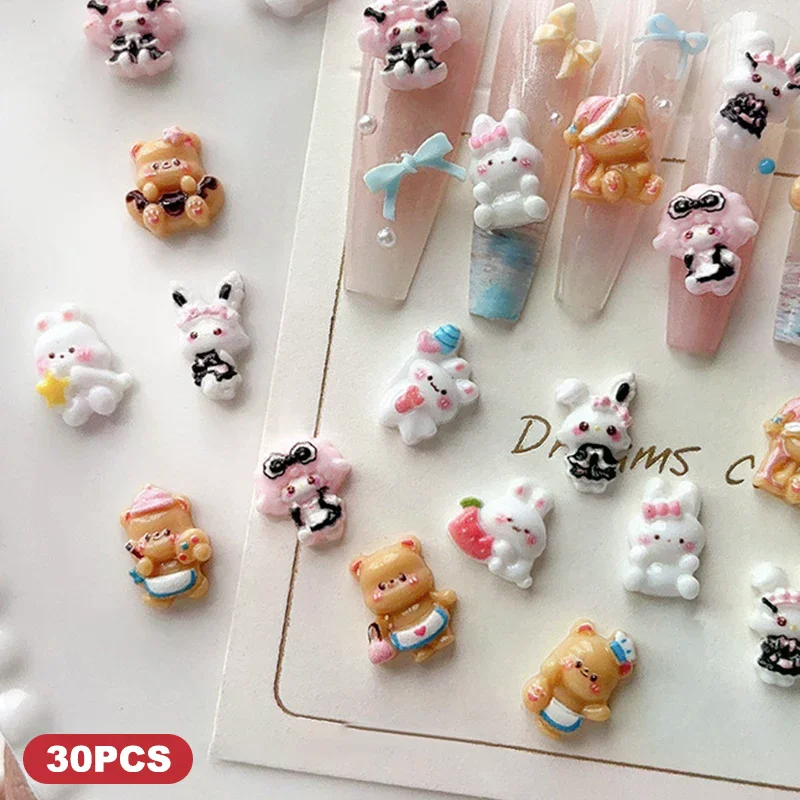30Pcs Kawaii 3D Resin DIY Nail Charms - Cartoon Bunny Little Brown Bear Candy Color Decoration, Cute Manicure Accessories