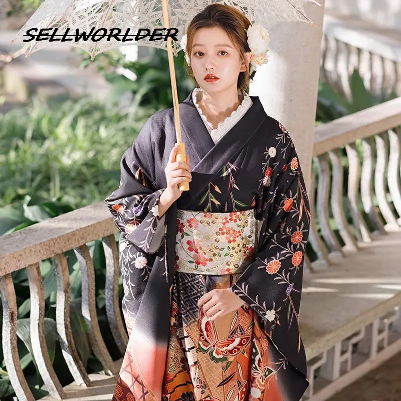 

2022 Japanese Kimono Style yukata retro Girl Dress Woman Flower with black butterfly print Long Dress