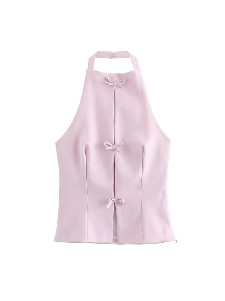 TFMLN Women's Sweet Bow Halter Vest Elegant Solid O-neck Sleeveless Off-shoulder Open Back Vintage Casual Tops Female New