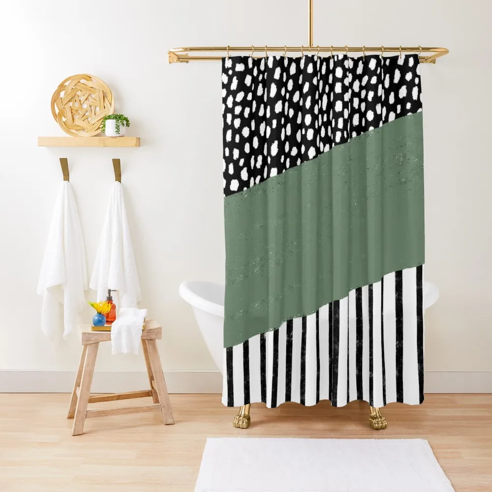 

Polka Dots and Stripes Pattern (black/white/sage green) Shower Curtain Luxury Bathroom Shower Window Elegant Bathroom Curtain