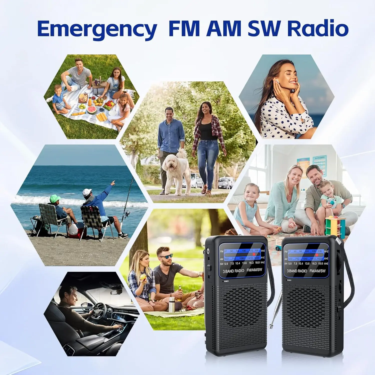 휴대용 라디오 AM FM SW, 조명, 백 클립, 탁월한 수신력 및 스피커, 3.5mm 헤드폰 잭이 있는 배터리 작동 라디오