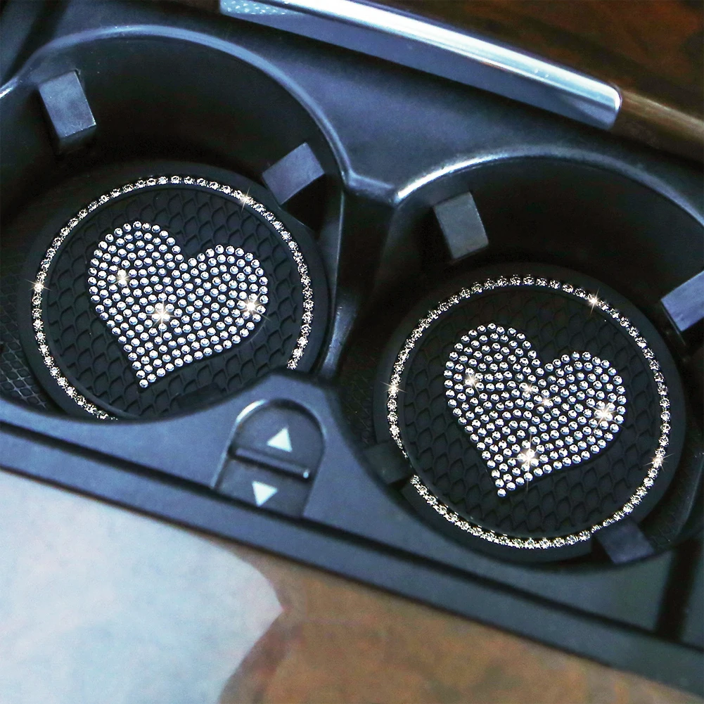 Car Coaster Pads 2PCS Heart Shape Car Diamond Coaster Water Cup Slot Non-Slip Mat Silica Pad Cup Holder Mat Auto Interior Decoration Accessories