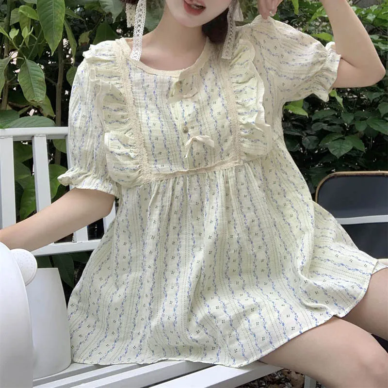 가정용 프릴 잠옷 세트, 여름 프린트 잠옷, 반바지 소매 활, 단추 밤 착용, 한국 홈 세트, 2024, 2 피스