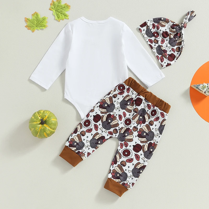 Adorable Baby Boy Thanksgiving Outfit Set with Letter Print Jumpsuit Pants and Hat-3 Piece Festive Clothing Ensemble