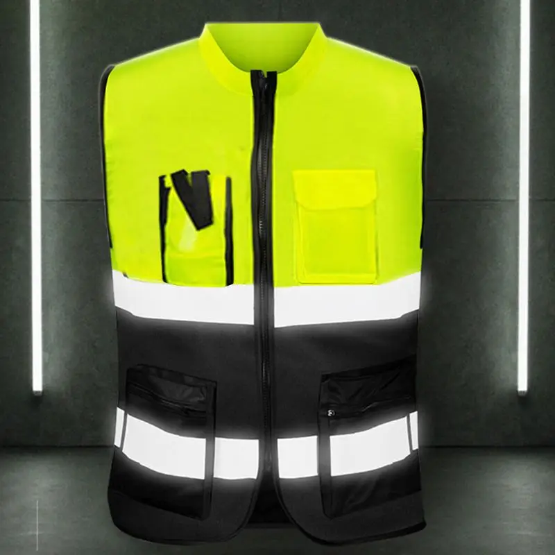 Reflective Vest Multi-pockets High Visibility Zipper Front Safety Vest with Reflective Strips K0AF