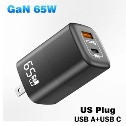 65W GaN Fast Charger with USB Quick Charge and UK Plug - US Plug Black