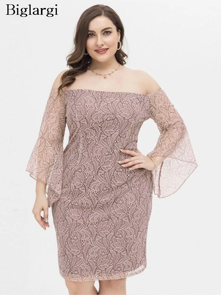 

Plus Size Autumn Lace Mini Dress Women Off Shoulder Bodycon Modis Hollow Out Long Sleeve Ladies Dresses Elegant Woman Dress 2023