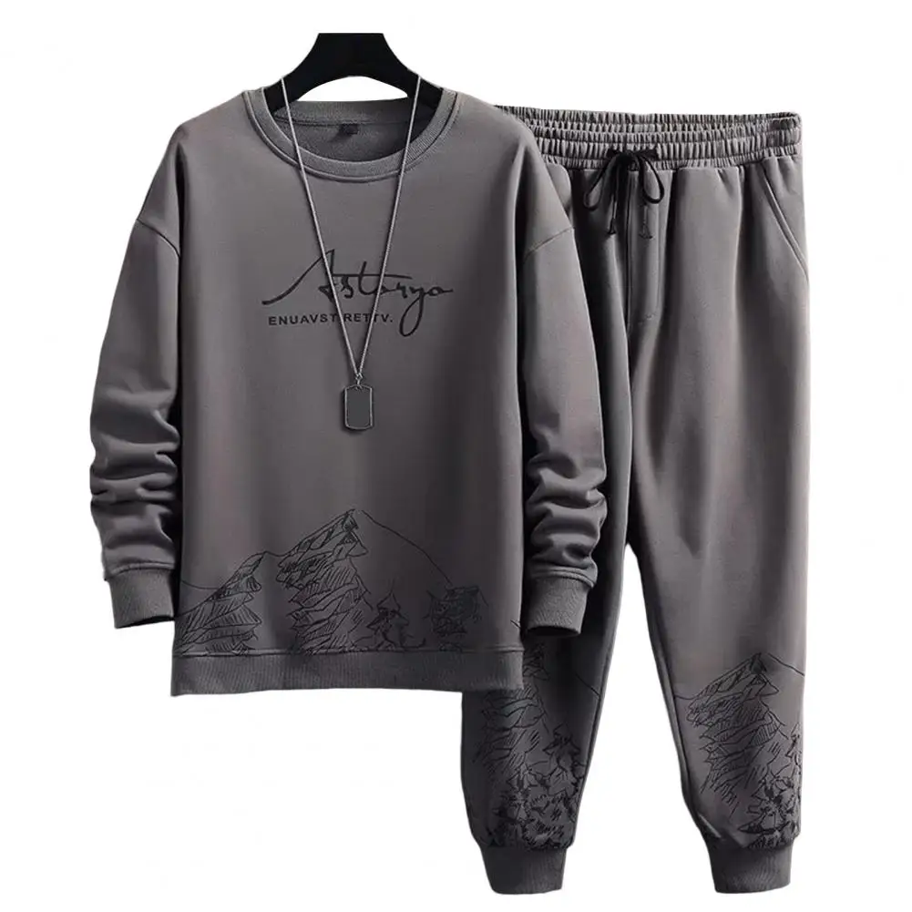 1 Set Men Tracksuit Plush Skin-touch Keep Warm Ribbed Cuff Sweatshirt Lace-up Sweatpants Men Sweatsuit Set Clothing sports suit