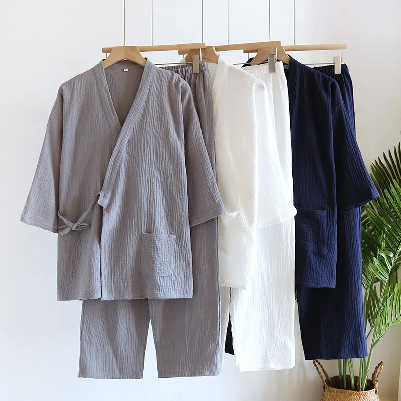 Kimono Robes Large Size with Pocket and Long Pants 2 Pcs Pajamas Set for Men Sleepwear Clothes Cotton Pjamas for Men pajama sets