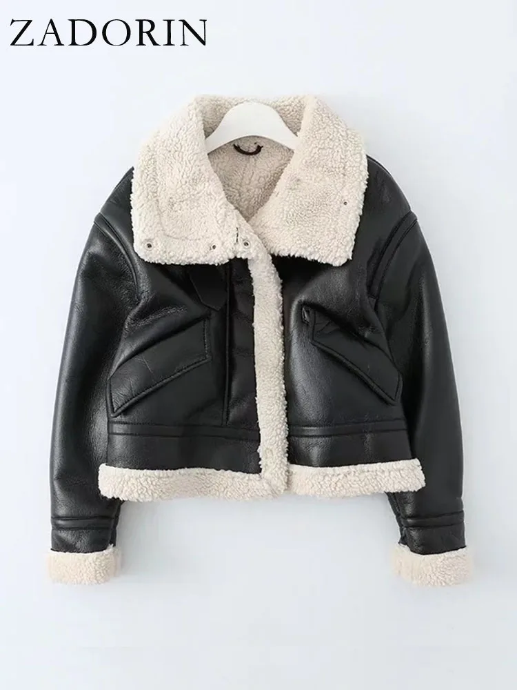 

ZADORIN Winter Fashion Women Faux Sheepskin Leather Jacket Lapel Zipper Thick Warm Plush Crop Top Faux Fur Coat Women Outerwear