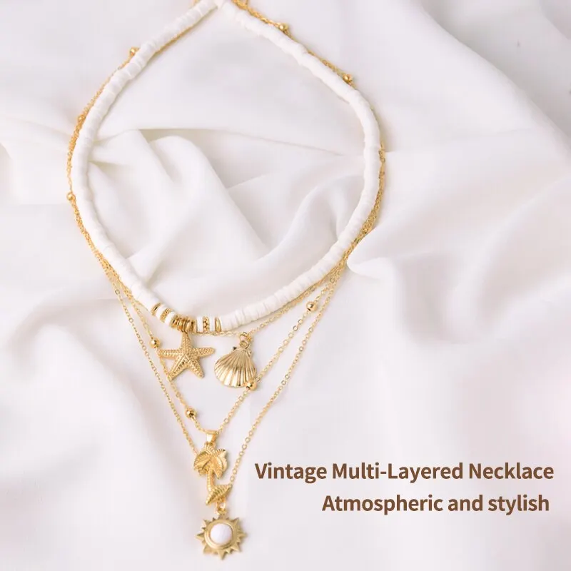 Fashion Jewelry Necklace Soft Pottery Starfish Shell Pendant Necklace Vintage Sun Multi Layer