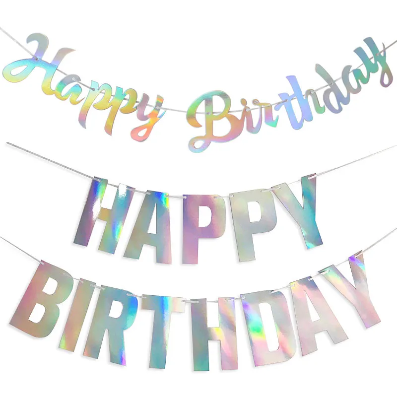 Iridescent Silver Happy Birthday Banner Hanging Garland Kids Birthday Party Decoration Banner Baby Shower 1st Boy Girl