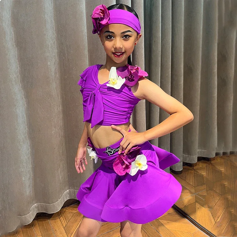 

Children'S Latin Dance Professional Clothes Girls Purple Latin Top Skirts Latin Dance Costume Stage Performance Dresses SL9063