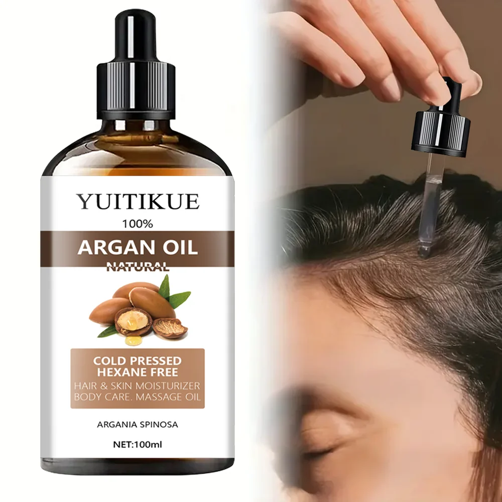 100% pure Moroccan argan oil, suitable for hair, skin, and body massage, nourishes, repairs, and moisturizes.
