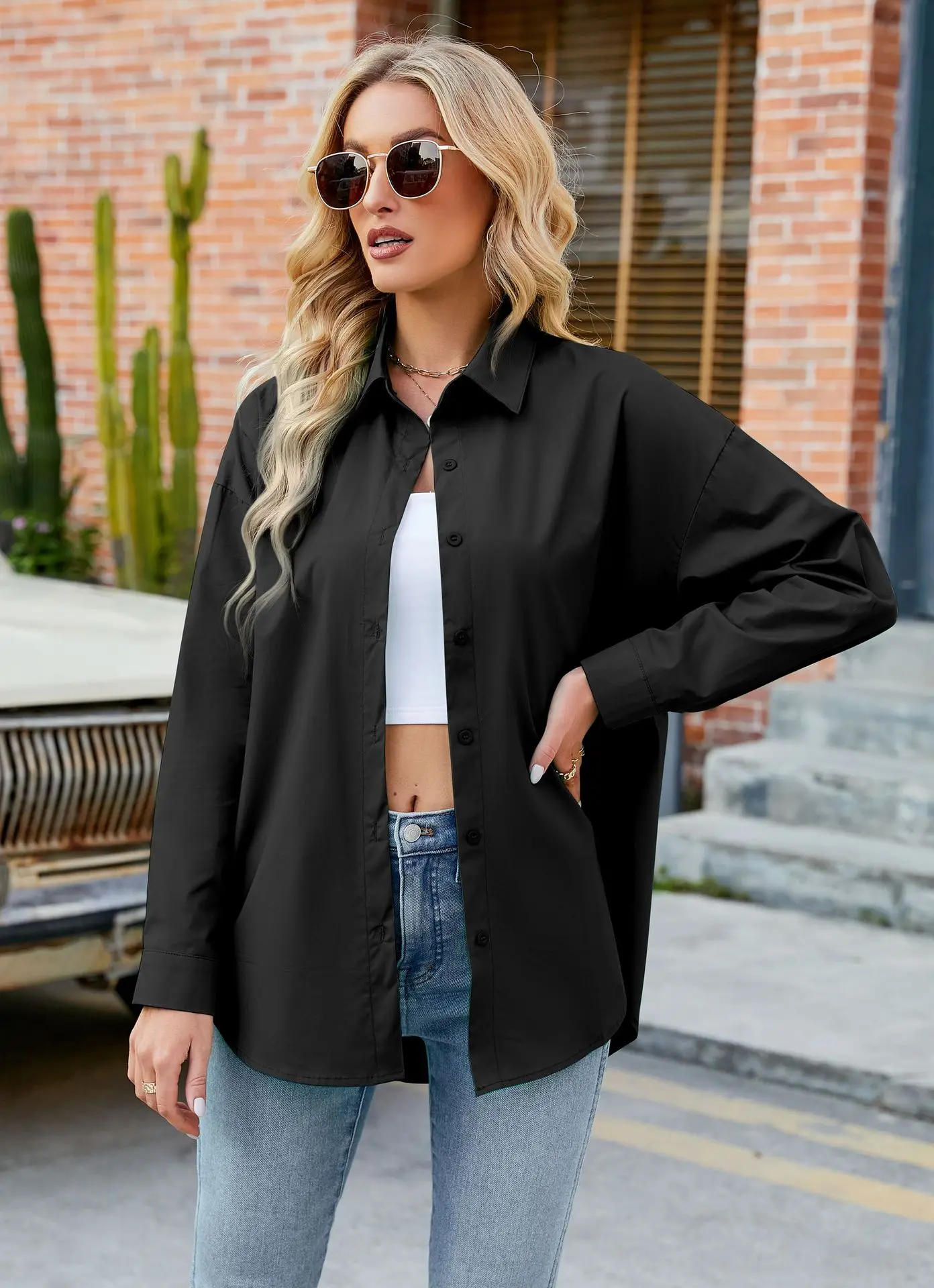 Womens Clothing V-neck Solid Button Long Sleeve Casual Blouse