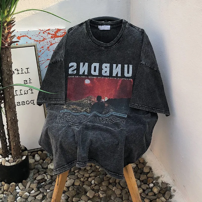 

Vintage Washed Round Neck Cotton Printed Short Sleeve Dark Printed High Street Punk Hip Hop Punk Kpop Short Sleeve Top Clothes