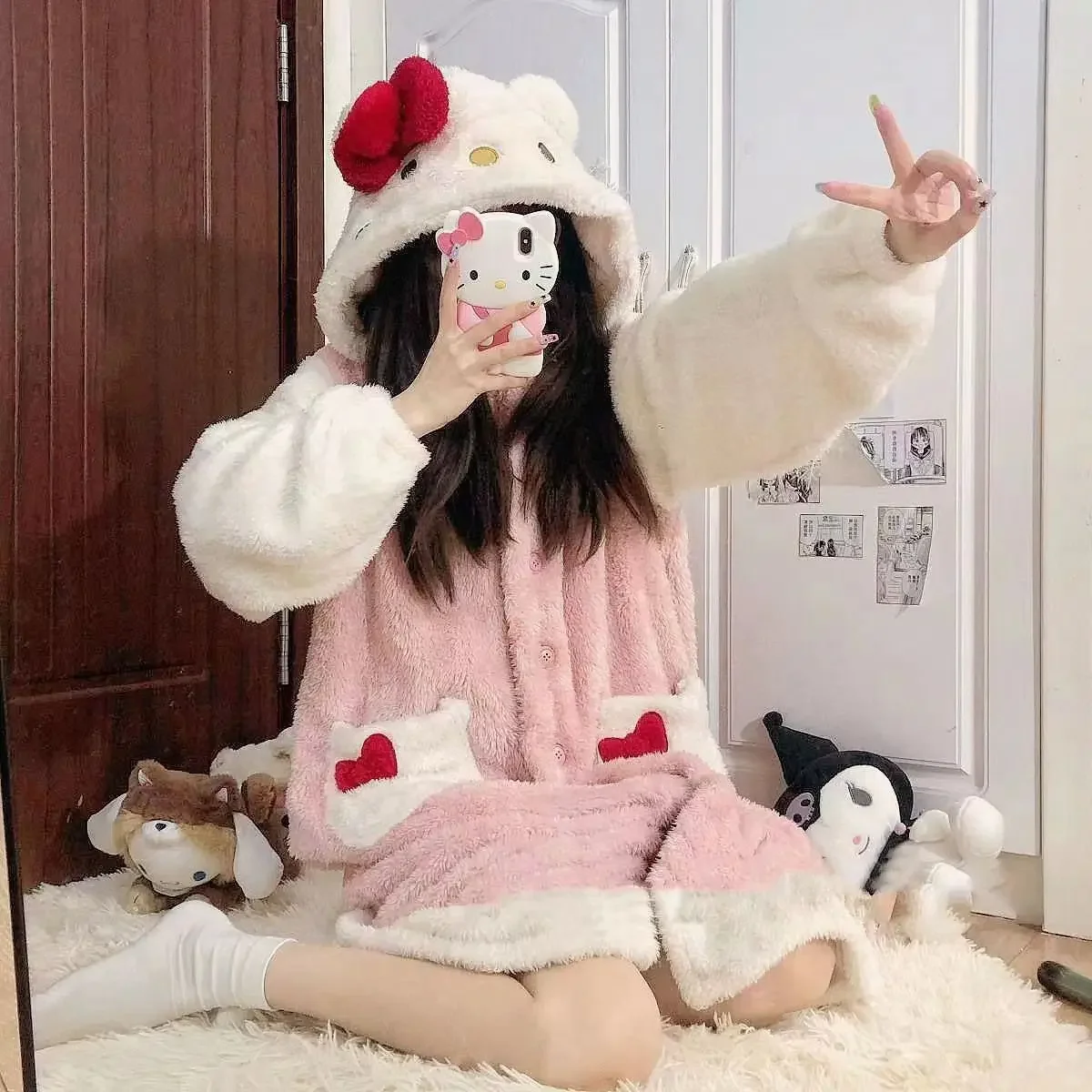 Hello Kitty Kawaii Plush Pajama Dress Anime Cartoon Cute Winter Thickened Flannel Warm Clothes Student HomeLike Set Gift boots flannel thickened warm snow boots coffee in brown size 37 38 39 40