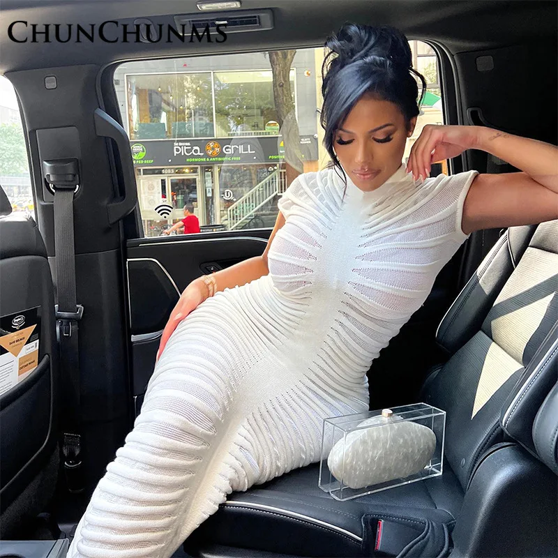 

White Knitted Sweater Short Sleeve Tight See-through Long Dress For Women Sexy Elegant Bodycon Robes Birthday Outfit Vestidos