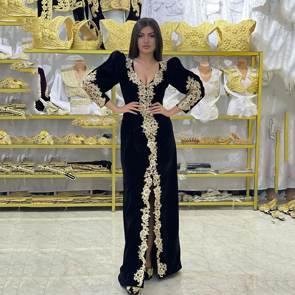 

New Muslim Arab Luxury Evening Dress For Women Morocco Prom Dress V-Neck Long Sleeves Lace Appliques Floor-Length Party Dress
